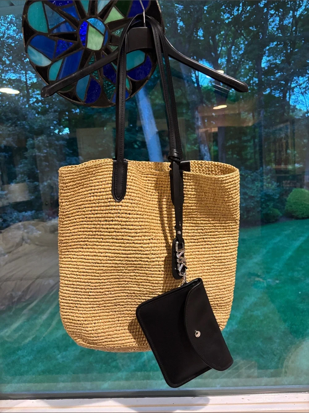 Michael Kors Straw Tote with Black Leather Trim and Pouch